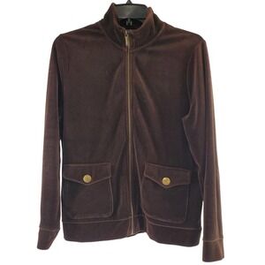 Lauren Ralph Lauren Velour Track Jacket Brown Zip Front Pockets Women's L